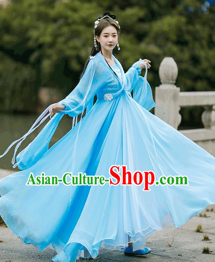 Chinese TV Series Peri Garment Costumes Ancient Princess Clothing Tang Dynasty Goddess Blue Dress