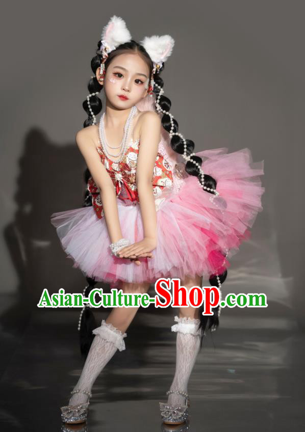 Children Modern Fancywork Garment Costume Girls Stage Show Clothing Fashion Catwalks Pink Veil Dress
