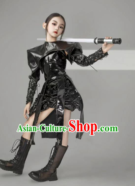 Children Fashion Catwalks Black Outfit Modern Fancywork Garment Costume Girls Stage Show Clothing