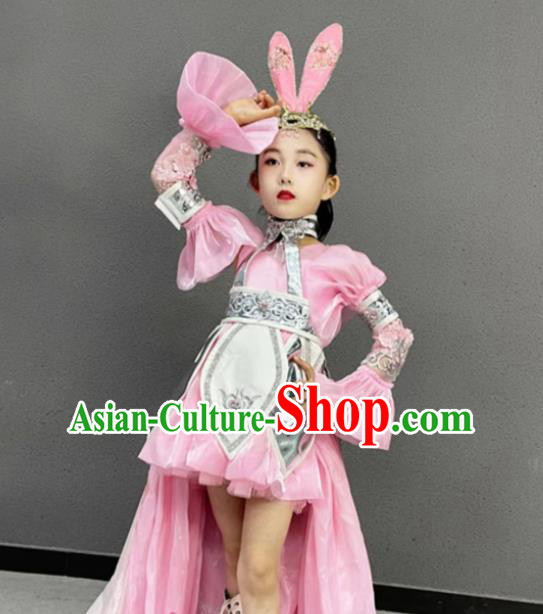 Chinese Modern Show Trailing Clothing Children Fashion Catwalks Pink Dress Girls Modern Fancywork Garment Costume