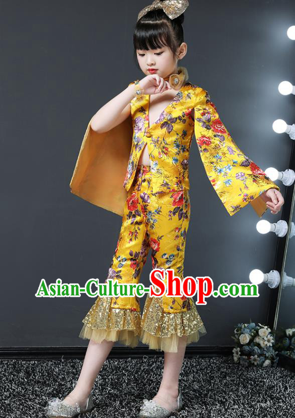 Girls Modern Fancywork Garment Costume Stage Show Clothing Children Fashion Catwalks Golden Suit