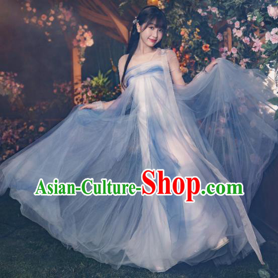 Chinese Ancient Fairy Blue Hanfu Dresses Xian Xia TV Series Love Between Fairy and Devil Xiao Lan Hua Garment Costumes