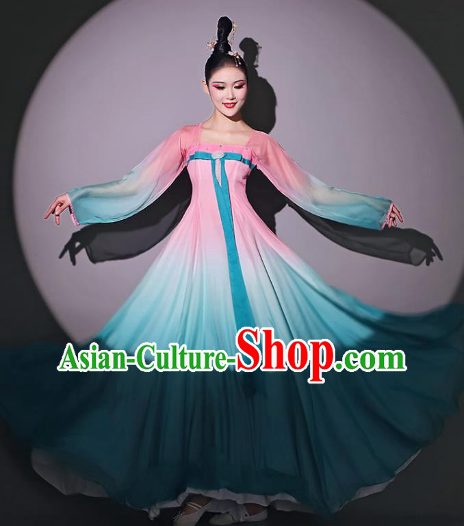 Chinese Classical Dance Garment Fan Dance Blue Dress Dancing Competition Clothing