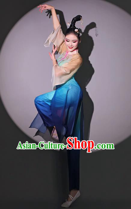 Chinese Fan Dance Blue Dress Dancing Competition Clothing Classical Dance Garment Fang Chun Xing Costumes