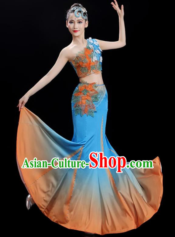 Chinese Woman Solo Dance Dress Dai Nationality Dance Costume Stage Performance Blue Outfit Peacock Dance Clothing