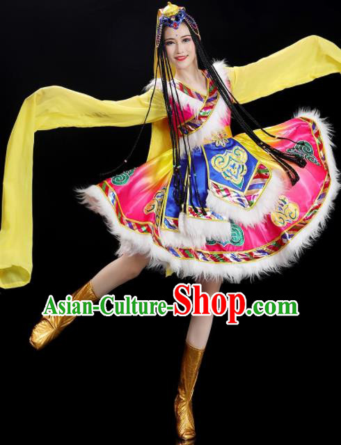 Chinese Tibetan Dance Clothing Woman Solo Dance Dress Zang Nationality Dance Costume Stage Performance Pink Garment