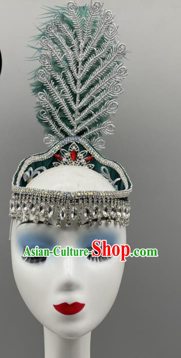 Chinese Xinjiang Dance Headdress Uyghur Nationality Dance Green Feather Hat Ethnic Woman Performance Headwear Folk Dance Headpiece