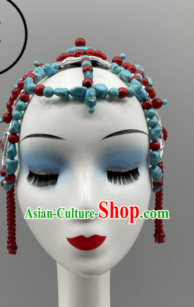 Chinese Ethnic Woman Performance Headwear Folk Dance Headpiece Zang Nationality Dance Headdress Tibetan Dance Beads Hair Jewelry