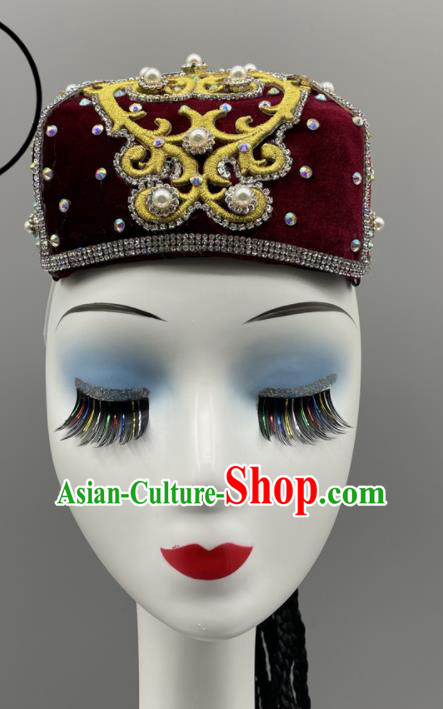 Chinese Ethnic Woman Dance Headwear Stage Performance Braids Headpiece Xinjiang Dance Wine Red Hat Uyghur Nationality Dance Pearls Hat