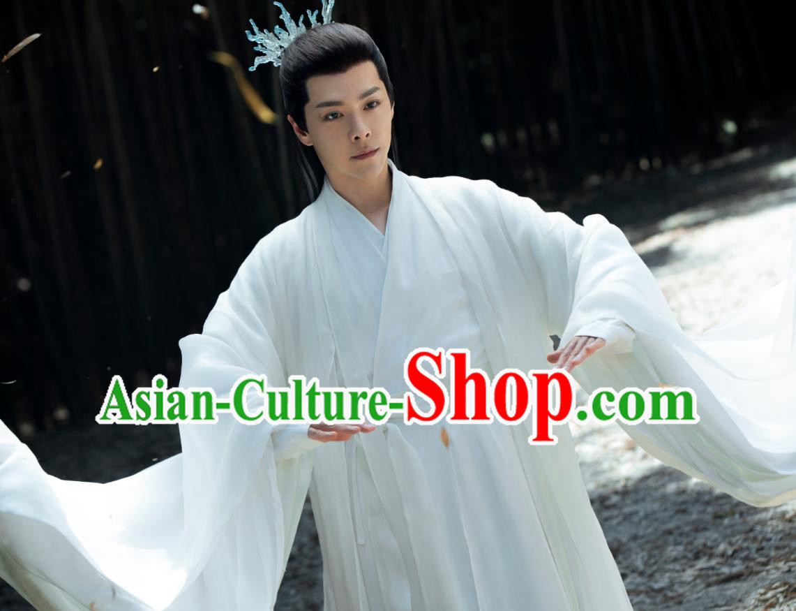 Chinese Traditional Swordsman White Hanfu TV Series Love Between Fairy and Devil Rong Hao Clothing Ancient Childe Garment Costumes