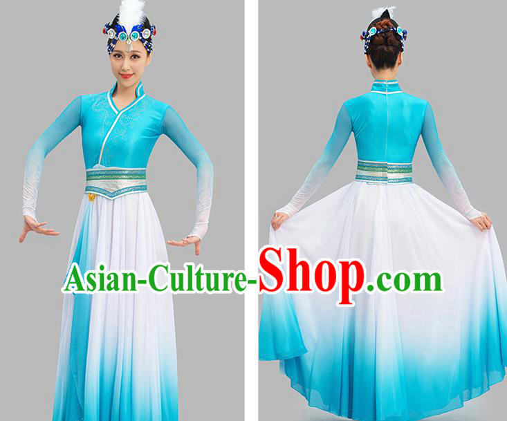 Chinese Mongol Nationality Dance Garment Costume Mongolian Dance Light Blue Dress Ethnic Dance Suit