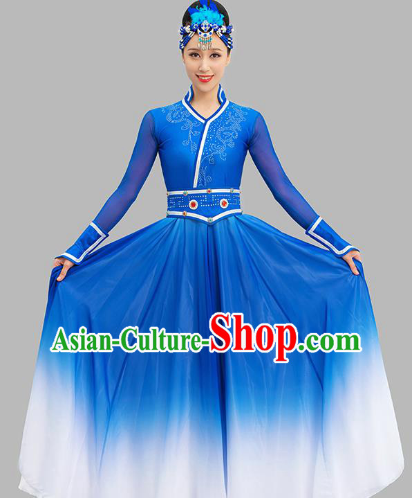 Chinese Mongolian Dance Blue Dress Ethnic Dance Suit Dunhuang Mongol Nationality Dance Garment Costume
