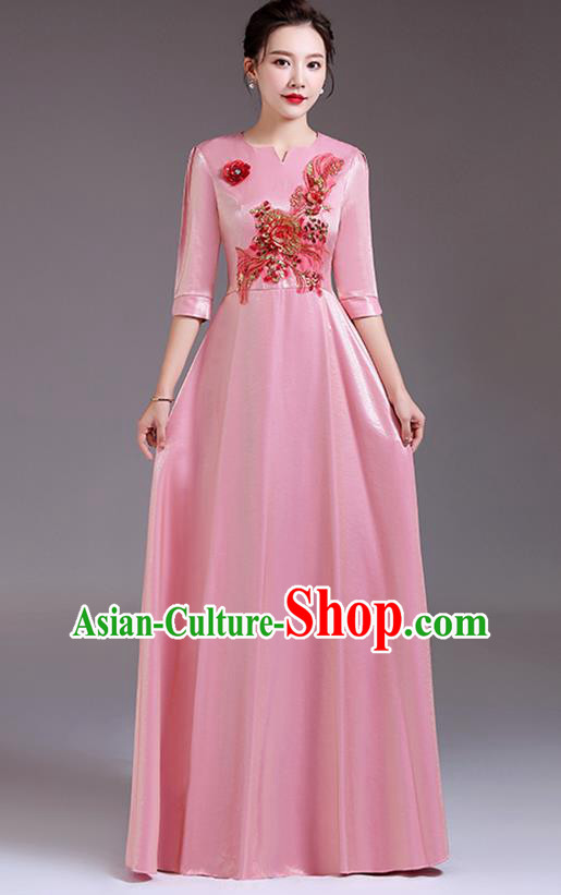 Professional Women Chorus Group Clothing Top Compere Pink Full Dress Stage Performance Garment