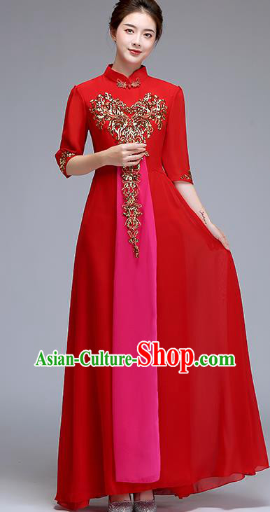 Chinese Women Chorus Group Clothing Professional Compere Red Full Dress Stage Performance Garment Costume