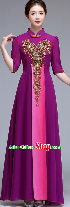 Chinese Stage Performance Garment Costume Women Chorus Group Clothing Professional Compere Purple Full Dress