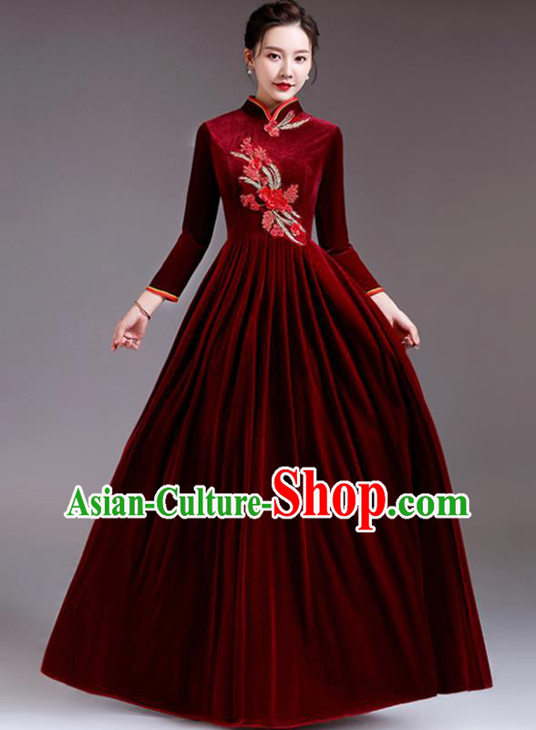 Top Stage Performance Garment Professional Women Chorus Group Clothing Compere Dark Red Velvet Dress