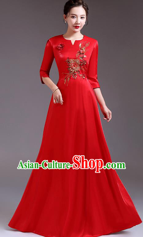 Top Compere Red Full Dress Stage Performance Garment Professional Women Chorus Group Clothing