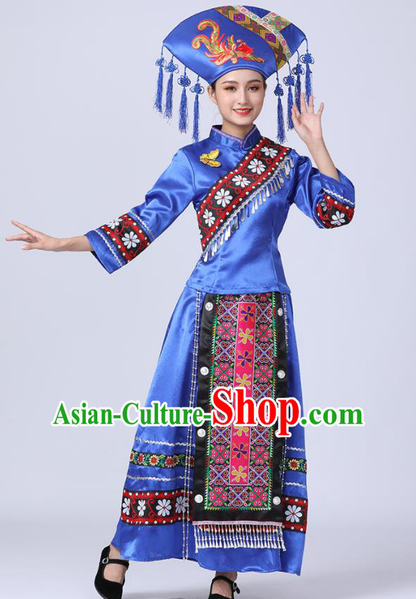 China Ethnic Festival Clothing Yunnan Minority Folk Dance Costume Yi Nationality Women Blue Dress