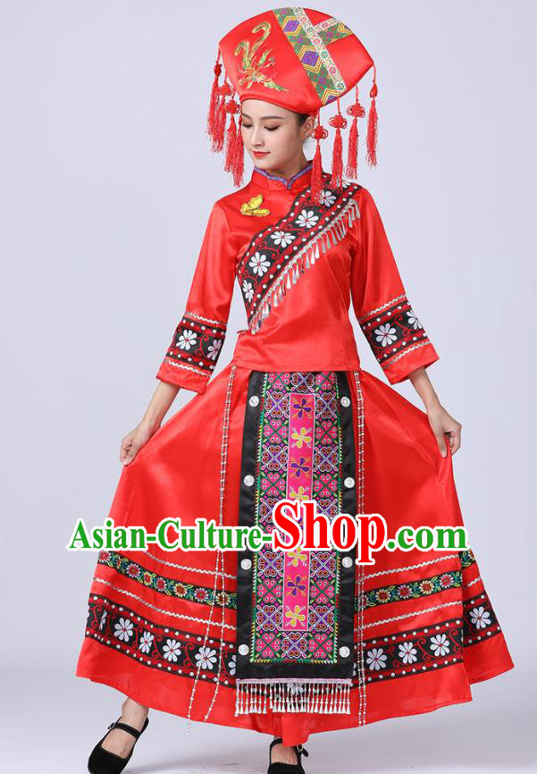 China Yi Nationality Women Red Dress Ethnic Festival Clothing Yunnan Minority Folk Dance Costume
