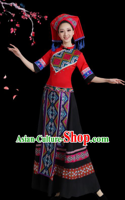 China Ethnic Women Festival Clothing Yunnan Minority Folk Dance Costume Yao Nationality Red Dress