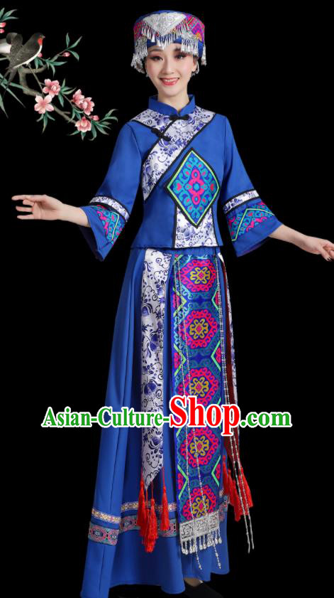 China Xiangxi Minority Folk Dance Costume Tujia Nationality Blue Dress Ethnic Women Festival Clothing