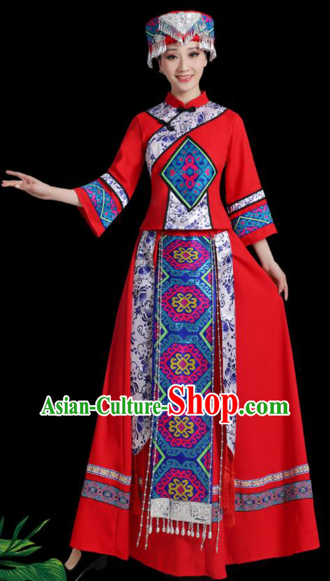 China Ethnic Women Festival Clothing Xiangxi Minority Folk Dance Costume Tujia Nationality Red Dress