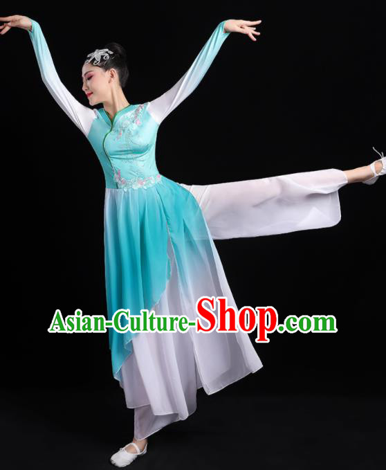 China Umbrella Dance Blue Dress Outfits Classical Dance Clothing Fan Dance Costume