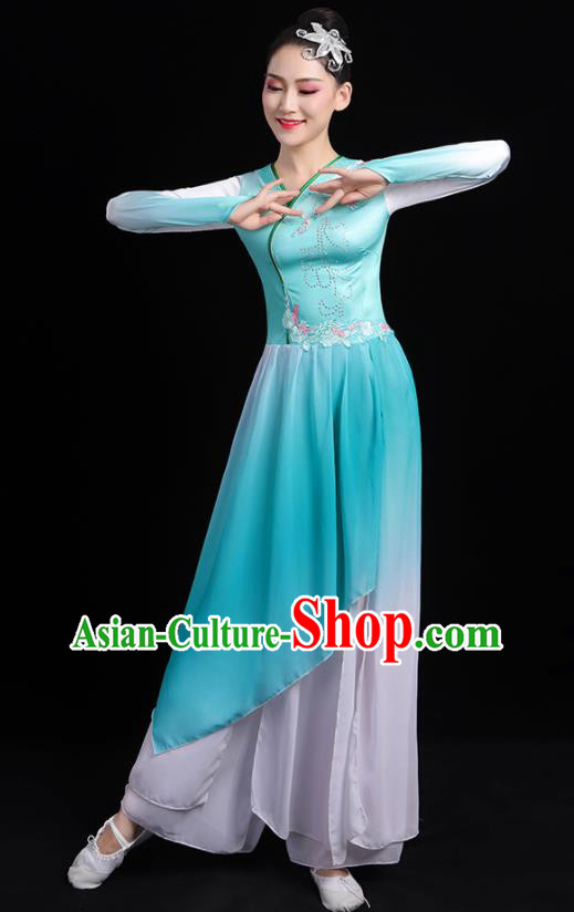 China Umbrella Dance Blue Dress Outfits Classical Dance Clothing Fan Dance Costume