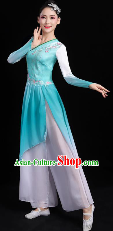 China Umbrella Dance Blue Dress Outfits Classical Dance Clothing Fan Dance Costume