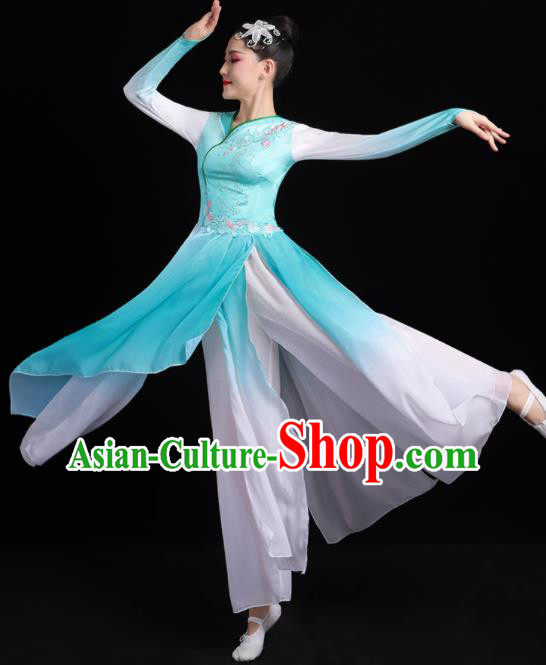 China Umbrella Dance Blue Dress Outfits Classical Dance Clothing Fan Dance Costume