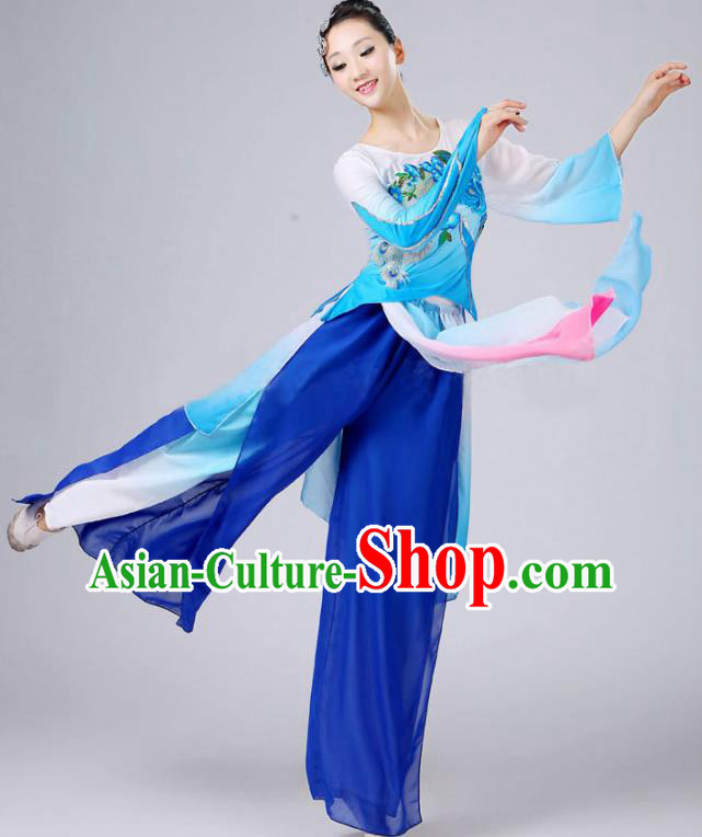 China Fan Dance Costume Umbrella Dance Blue Outfits Classical Dance Clothing