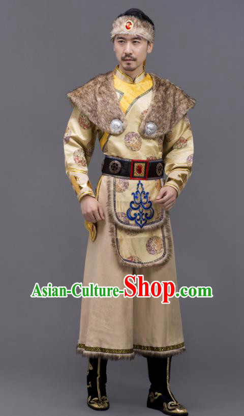 Chinese Ethnic Festival Clothing Mongol Minority Folk Dance Costume Mongolian Nationality Embroidered Yellow Suit