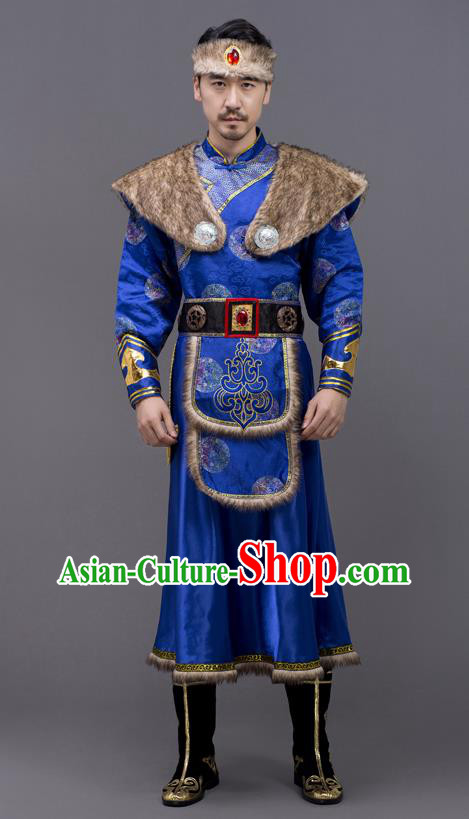 Chinese Mongolian Nationality Embroidered Royal Blue Suit Ethnic Festival Clothing Mongol Minority Folk Dance Costume