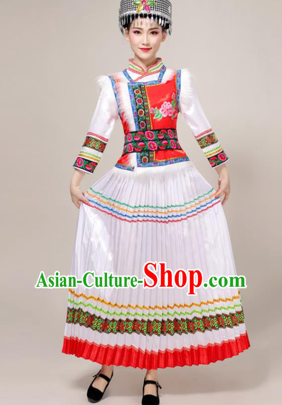 China Yunnan Ethnic Women Festival Clothing Hani Minority Folk Dance Costume Lisu Nationality White Dress