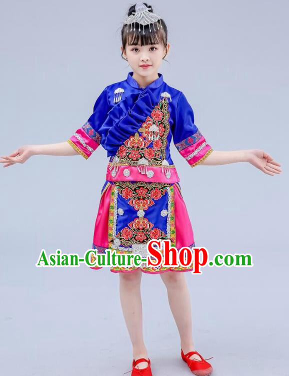 China Zhuang Nationality Royal Blue Dress Guangxi Ethnic Festival Clothing Minority Children Folk Dance Costume