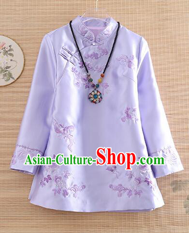 Chinese Traditional Cheongsam Blouse Light Purple Long Sleeves Shirt Embroidered Qipao Upper Outer Garment