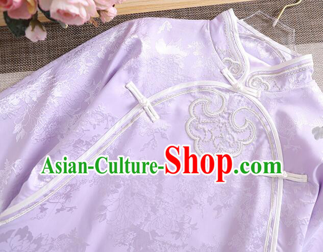 Chinese Embroidered Qipao Upper Outer Garment Traditional Cheongsam Blouse Light Purple Long Sleeves Shirt