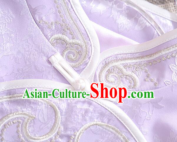 Chinese Embroidered Qipao Upper Outer Garment Traditional Cheongsam Blouse Light Purple Long Sleeves Shirt