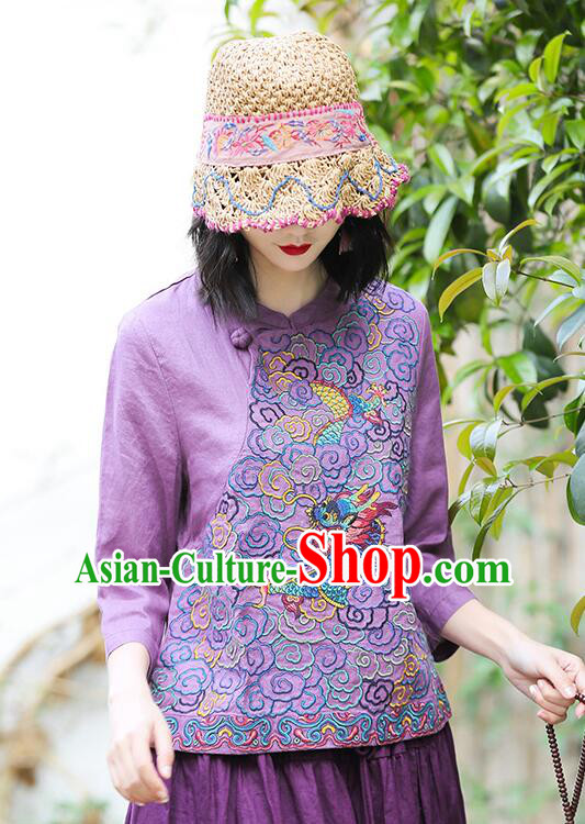Chinese Traditional Cheongsam Blouse Qipao Upper Outer Garment Embroidered Purple Flax Shirt