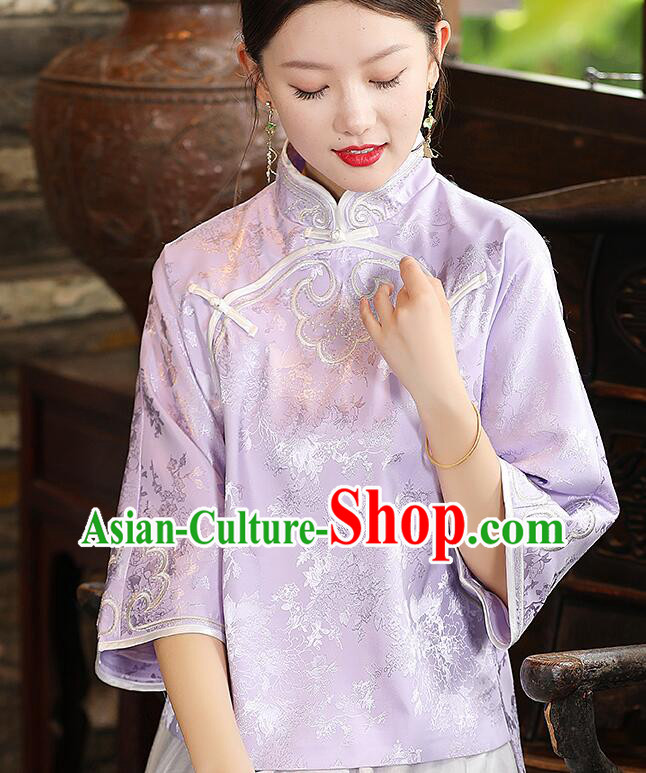 Chinese Jacquard Light Purple Shirt Traditional Cheongsam Blouse Qipao Upper Outer Garment