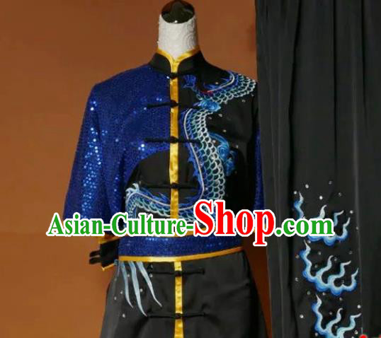 Chinese Changquan Embroidered Dragon Black Outfit Martial Arts Uniforms Kung Fu Costumes Traditional Wushu Competition Clothing
