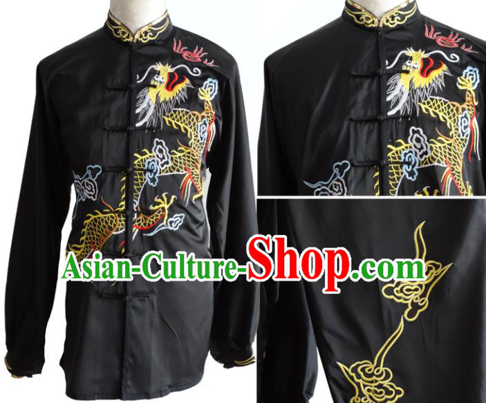 Chinese Kung Fu Costumes Traditional Wushu Competition Clothing Changquan Embroidered Dragon Black Outfit Martial Arts Long Sleeve Uniforms