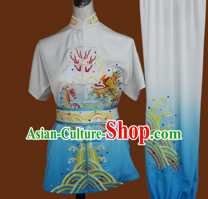 Chinese Martial Arts Gradient Blue Uniforms Kung Fu Costumes Traditional Wushu Competition Clothing Changquan Embroidered Dragon Outfit