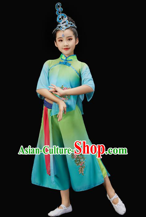 Chinese Children Fan Dance Green Uniform New Year Performance Garment Costume Folk Dance Clothes Traditional Yangko Dance Clothing