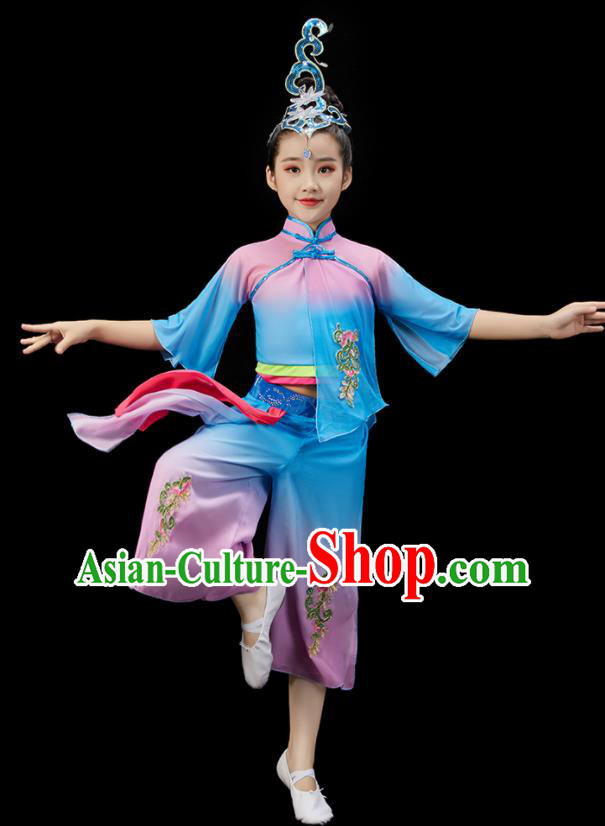 Chinese Traditional Yangko Dance Clothing Children Fan Dance Blue Uniform New Year Performance Garment Costume Folk Dance Clothes