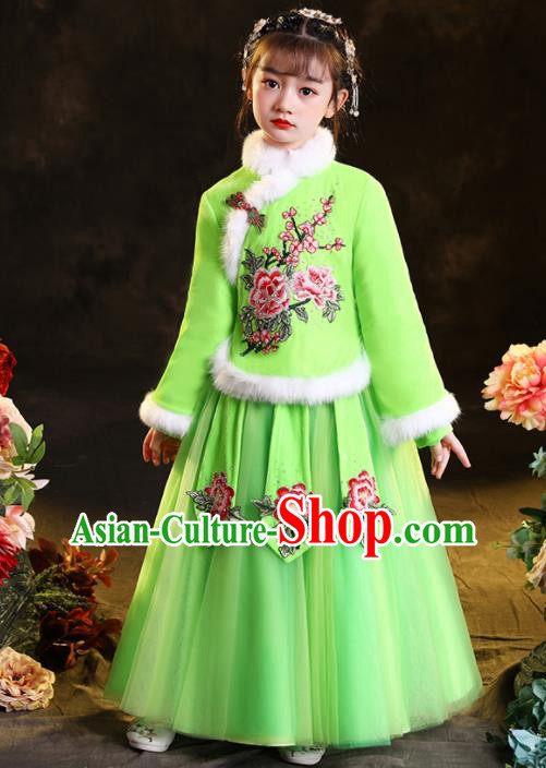 Chinese Folk Dance Green Dress Traditional New Year Clothing Children Winter Uniform Stage Performance Garment Costumes