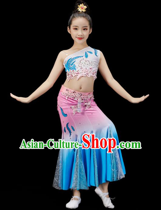 Chinese Traditional Peacock Dance Clothing Children Dance Dress Uniform Stage Performance Garment Costumes Classical Dance Dress