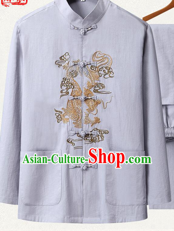 Chinese Embroidered Dragon Shirt Traditional Grey Linen Upper Outer Garment