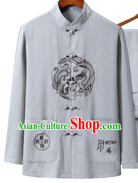 Chinese Traditional Grey Linen Upper Outer Garment Embroidered Phoenix and Dragon Shirt