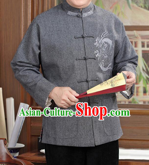 Chinese Embroidered Dragon Outer Garment Traditional Grey Woolen Jacket